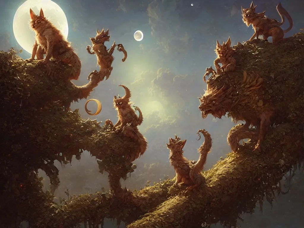 Prompt: cute fantasy critters looking at the moon, ultra realistic, concept art, intricate details, highly detailed by greg rutkowski, gaston bussiere, craig mullins, simon bisley