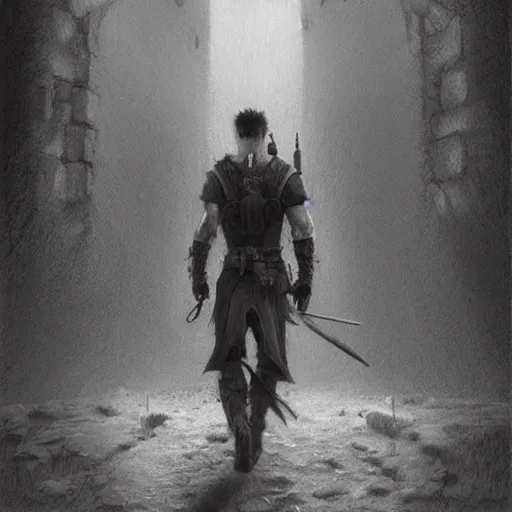 Prompt: pencil art, distant shot, realistic, cinematic, hyper detailed, smooth, hero walking up to the castle to fight an evil army.