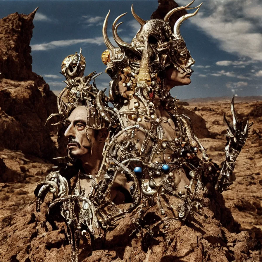 Image similar to portrait of salvador dali wearing a horned crown and costume with jewels in a dry rocky desert landscape, alien spaceship by giger, film still from the movie by alejandro jodorowsky with cinematogrophy of christopher doyle and art direction by hans giger, anamorphic lens, kodakchrome, very detailed photo, 8 k