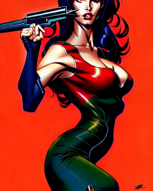 Image similar to artgerm, joshua middleton comic cover art, full body pretty megan fox holding a shotgun, red dress, symmetrical eyes, symmetrical face, long curly black hair, dark city background, cinematic lighting