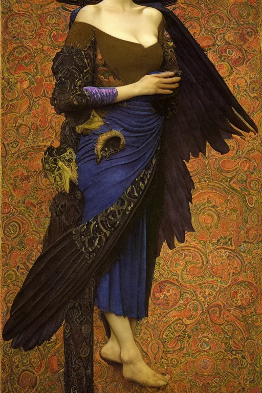 Image similar to an anthropomorphic raven dressed as a renaissance lord , by Annie Swynnerton and Nicholas Roerich and John Bauer and jean delville and John William Godward and Donato Giancola and Vermeer, satin brocade and embroidered velvet, iridescent beetles, rich color, dramatic cinematic lighting, featured on Artstation, extremely detailed