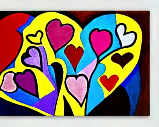 Prompt: Layered colorful hearts in guernica style