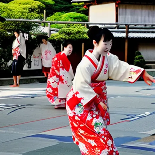 Prompt: japanese girls in kimonos playing basketball in Kyoto