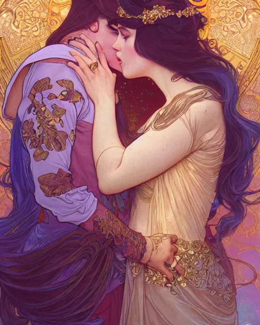 Image similar to the kiss | highly detailed | very intricate | art nouveau | gold filigree | romantic storybook fantasy | soft cinematic lighting | award - winning | disney watercolor illustration by mandy jurgens and alphonse mucha and alena aenami | pastel color palette | featured on artstation