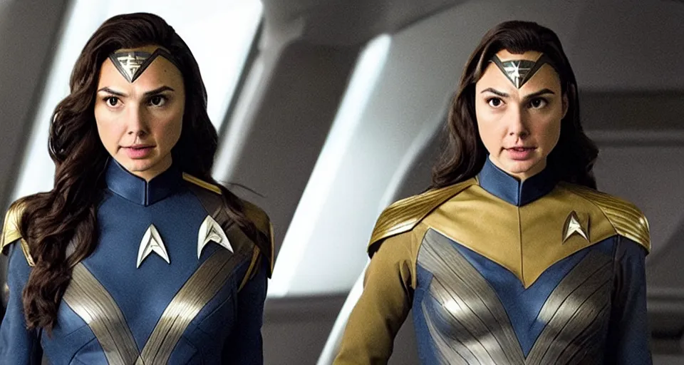 Image similar to Gal Gadot, in full starfleet uniform, is the captain of the starship Enterprise in the new Star Trek movie