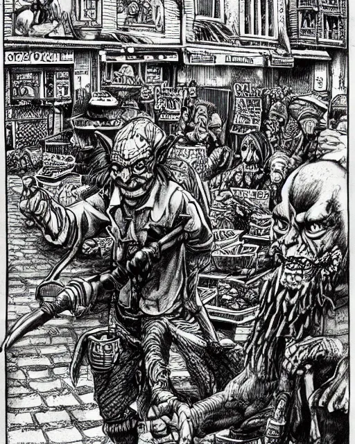 Image similar to pen and ink drawing of a goblin salesman in a busy market street, fighting fantasy style image, by steve jackson and ian livingstone, highly detailed