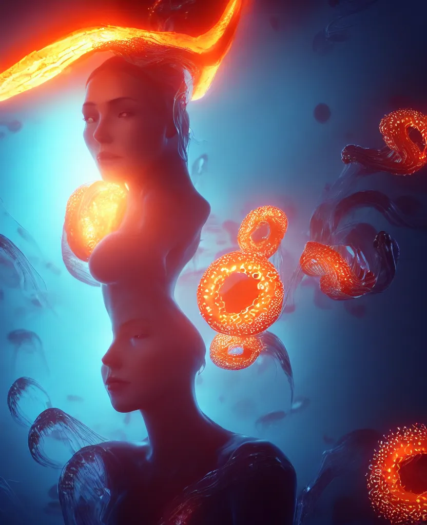 Image similar to close-up portrait of a beautiful girl floating in ethereum surrounded by floating jellyfish, energy flows of fire and water, flashes of plasma, 3d with depth of field, blurred background, a highly detailed epic cinematic concept art CG render. made in Maya, Blender and Photoshop, octane render, excellent composition, cinematic dystopian brutalist atmosphere, dynamic dramatic cinematic lighting, aesthetic, very inspirational, arthouse. y Greg Rutkowski, Ilya Kuvshinov, WLOP, Stanley Artgerm Lau, Ruan Jia and Fenghua Zhong