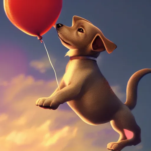 Prompt: puppy high in the air holding balloons, 8k, fantasy, intricate, cinematic lighting, highly detailed, digital painting, artstation, concept art, smooth, sharp focus, illustration, by Pixar