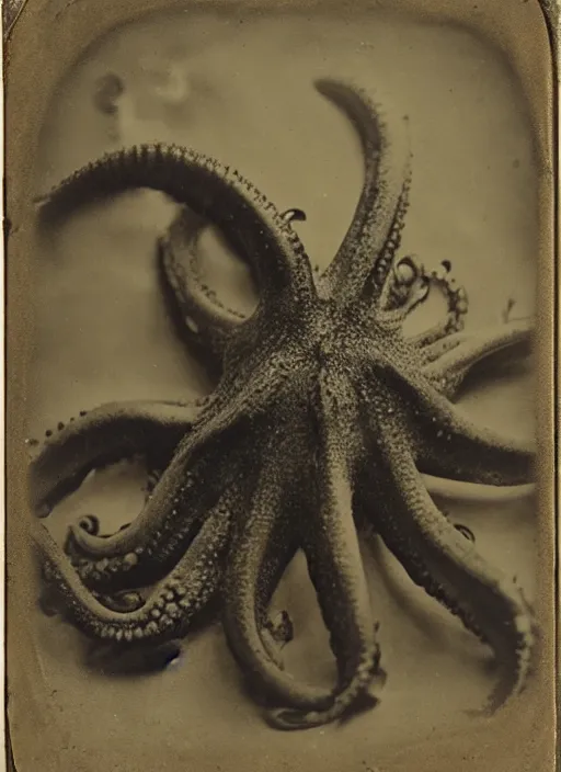 Prompt: wetplate daguerreotype portrait of a octopus by louis jacques mande daguerre