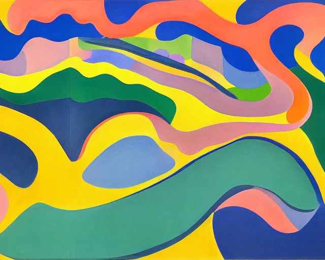 Image similar to A wild, insane, modernist landscape painting. Wild energy patterns rippling in all directions. Curves, organic, zig-zags. Saturated color. Childrens art. Matisse. Wayne Thiebaud.