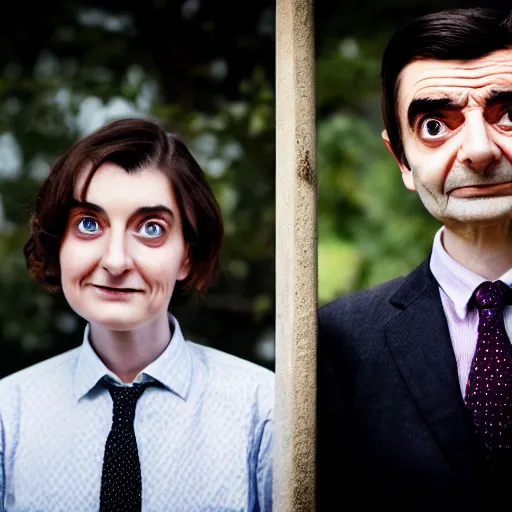 Image similar to A portrait mr bean elizabeth teams up with a teenage mr bean, perfect faces, 50 mm, award winning photography