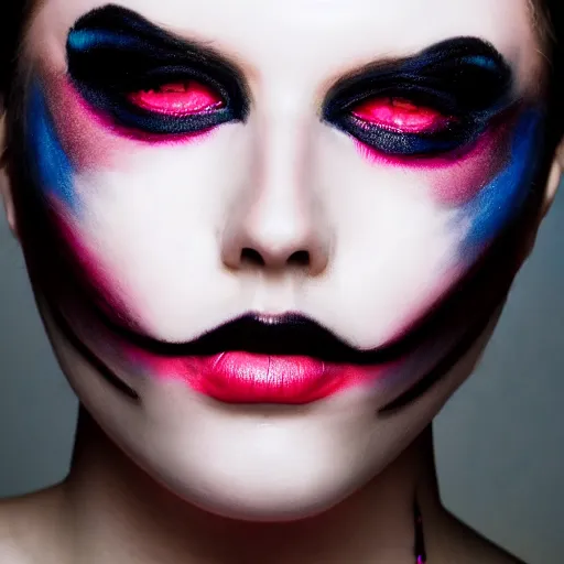 Prompt: close - up portrait, model with avant garde makeup art and body art, flash photography hasselblad glass, editorial fashion photo, soft focus