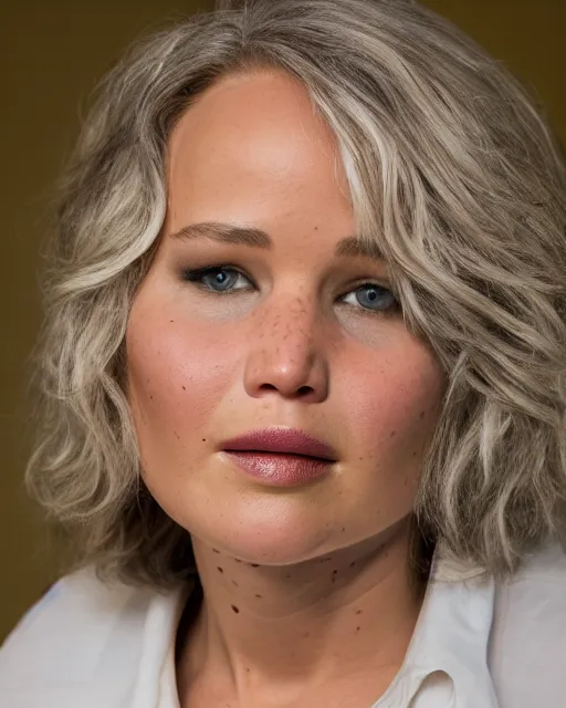 Image similar to A studio photo of Jennifer Lawrence as an old woman, 60 years old, bokeh, 90mm, f/1.4