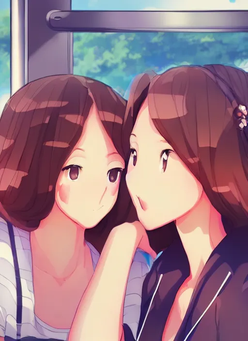 Image similar to two beautiful mothers waiting at a bus stop, summer clothes, gorgeous faces, smooth, thick lines, cinematic lighting, detailed anime art