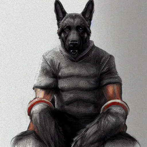 Image similar to a humanoid german shepherd beast - man, wearing gym suit, sitting on a couch, artstation, concept art, smooth, sharp foccus ilustration, artstation