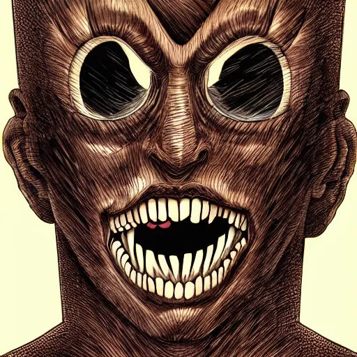 Image similar to a dark brown humanoid, hyper detailed, in the style of junji ito and and junji ito and junji ito, selfie