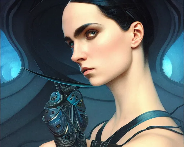 Image similar to photography of alia atreides of the knife, completely dark very dark blue eyes, deep focus, dune, science fiction, intricate, elegant, highly detailed, digital painting, artstation, concept art, matte, sharp focus, illustration, art by artgerm and greg rutkowski and alphonse mucha