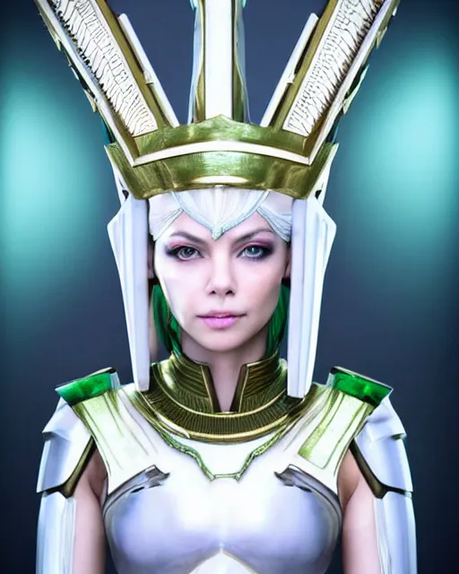 Image similar to perfect white haired attractive egyptian goddess, warframe armor, pharaoh headdress, beautiful, symmetric, dreamy, half asian, pretty face, green eyes, charlize theron, detailed, scifi platform, laboratory, experiment, 4 k, ultra realistic, epic lighting, android body, illuminated, cinematic, masterpiece, art by akihito tsukushi, voidstar