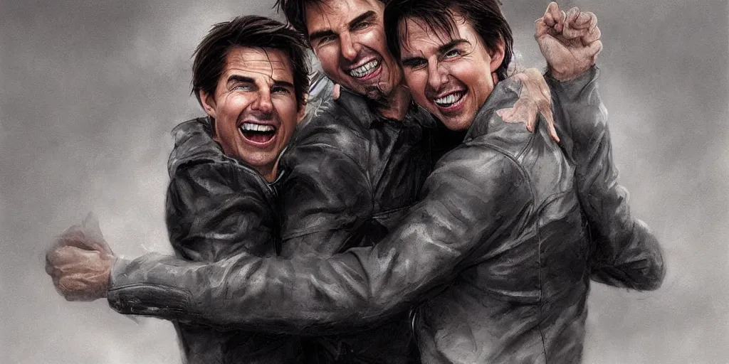 Prompt: hyper realistic tom cruise hugging tom cruise, hugging tom cruise, all overly excited, jaw unhinged with laughter and smiling, all teeth, kinda disturbing but really funny by greg rutkowski, scott m fischer, artgerm, loish, slight glow, atmospheric, anne stokes, alexandros pyromallis