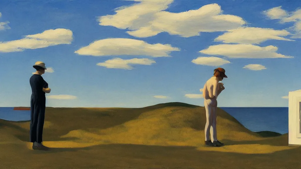 Prompt: artist painting blue sky by Edward Hopper. 8K. Extremely detailed.