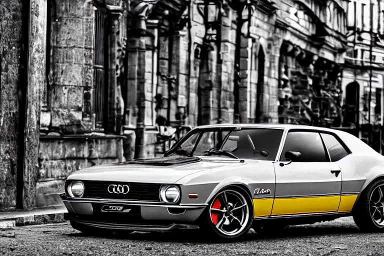 Image similar to audi camaro b 1 ( 1 9 6 9 ) drifting, need for speed : carbon, neon lines, lviv historic centre, ultra phonk, phonk music background, smoke behind wheels, noise, dark, establishing shot