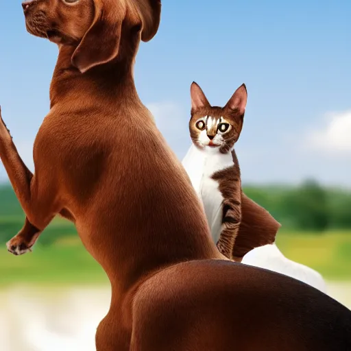 Prompt: a cat sitting on a dog's back while the dog is riding a horse, realistic, 4k