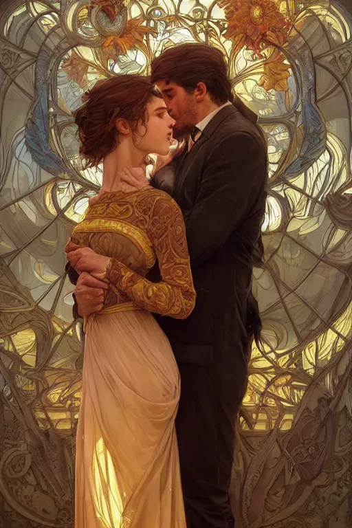 Image similar to portrait of a man in dhl van hugging his wife, feelings, romantic, fantasy, intricate, elegant, highly detailed, digital painting, artstation, concept art, smooth, sharp focus, illustration, art by artgerm and greg rutkowski and alphonse mucha