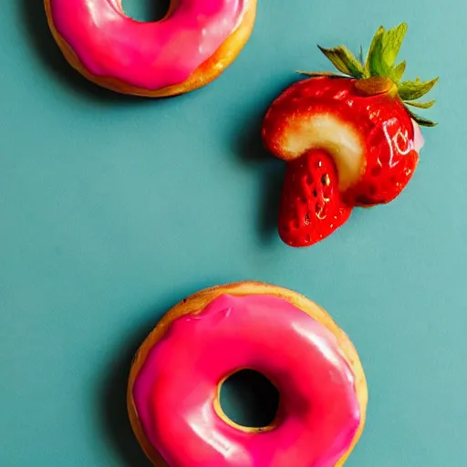 Image similar to Perfectly circular!!!!!! donut!!!!! in the shape!!!!!! of a strawberry!!!!!!, trending on artstation, 4k, 8k, professional photography, overhead shot, 35mm lens