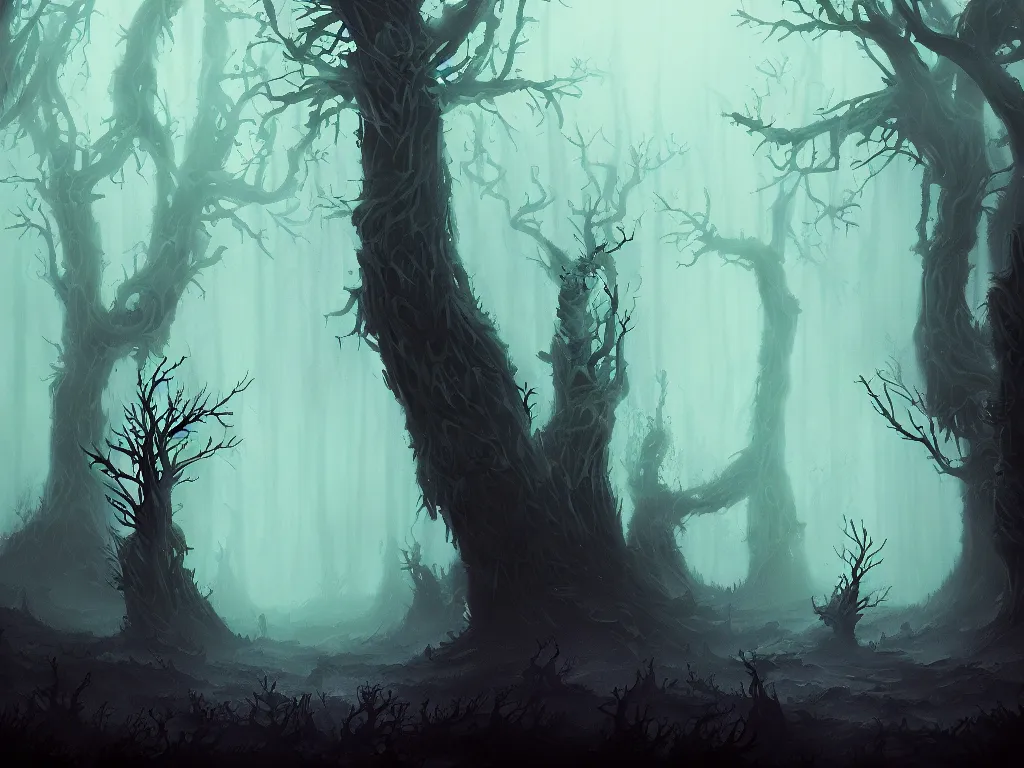 Image similar to fantasy haunted dark forest, foggy, detailed, digital art, a dark forest with adventurers surrounded by evil spirits that lurk in the shadows, by Anato Finnstark, artstation