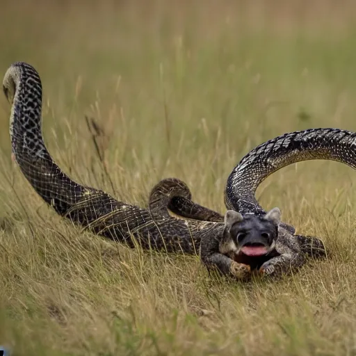 Image similar to award - winning nature photography of a snake preparing to attack a hyena