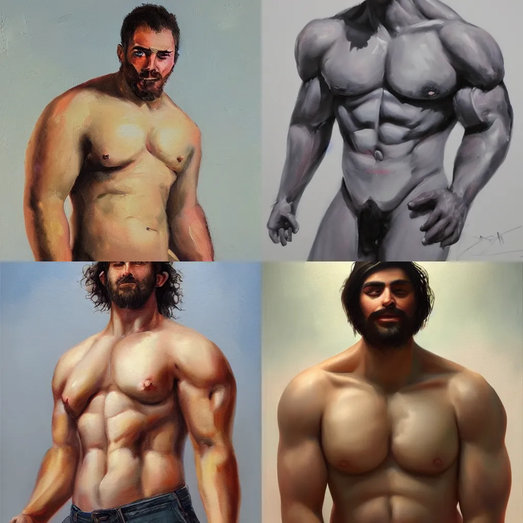 Prompt: a beautiful painting of a barechested man, chunky build, trending on artstation