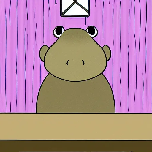 Image similar to a baby hippo lives in a cozy house. it likes to watch tv in the family room. digital art.