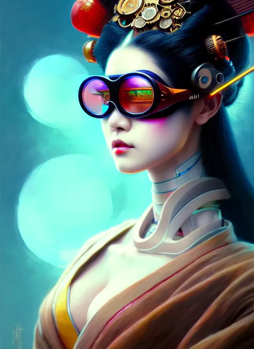 Image similar to sensual japanese geisha wearing vr eyewear, robotic, android, cyborg, cyberpunk face, steampunk, fantasy, intricate, elegant, highly detailed, colorful, vivid color, digital painting, artstation, concept art, art by artgerm and greg rutkowski and ruan jia,