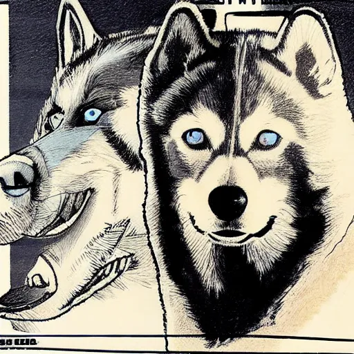 Image similar to Paul Walker with a husky, in the style of Jean Giraud in the style of Ralph McQuarrie