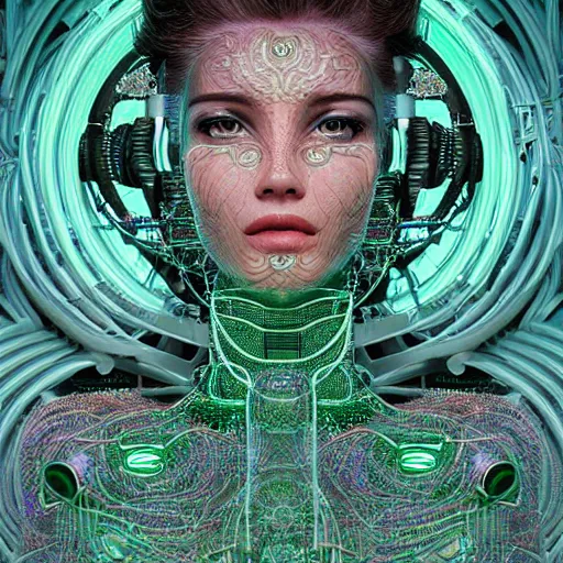 Prompt: beautifull woman integrating with technology, full face, detailed intricate ornate cables connected to head, big open electric eyes, luxurious detailed abundent wiring and implants, sci-fi, neon, emeralds, detailed technology full background, highly detailed, Rene Lalique and Eddie Mendoza