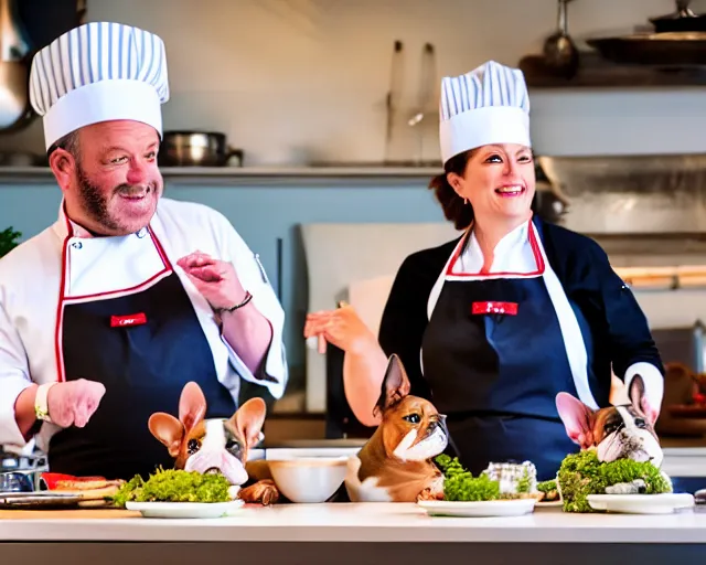 Prompt: a 8k highly detailed still photo by David Bailey of Two multi-colored French Bulldogs in chef hats and aprons starring on a cooking show, a high end kitchen in the background, bokeh