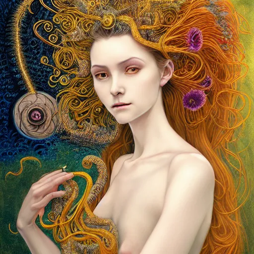 Image similar to portrait of a young female wizard in flowing sensual dress, arrogant, long fine flowing hair, delicate, looking at camera, slight nerdy awkward smile, realistic face, stylish, elegant, grimdark fantasy, flowers, mysterious, extremely detailed painting inspired by Gerald Brom and Ernst Haeckel and Victor Nizovtsev, studio lighting