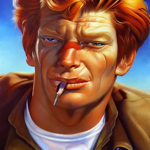 Image similar to detailed portrait of fry futurama intricate, hyper detailed, realistic, oil painting, by julie bell, frank frazetta, cinematic lighting