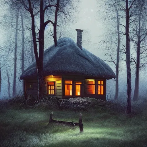 Prompt: a painting of a cottage in the middle of the woods, eerie thriller aesthetic!, detailed digital art, trending on artstation