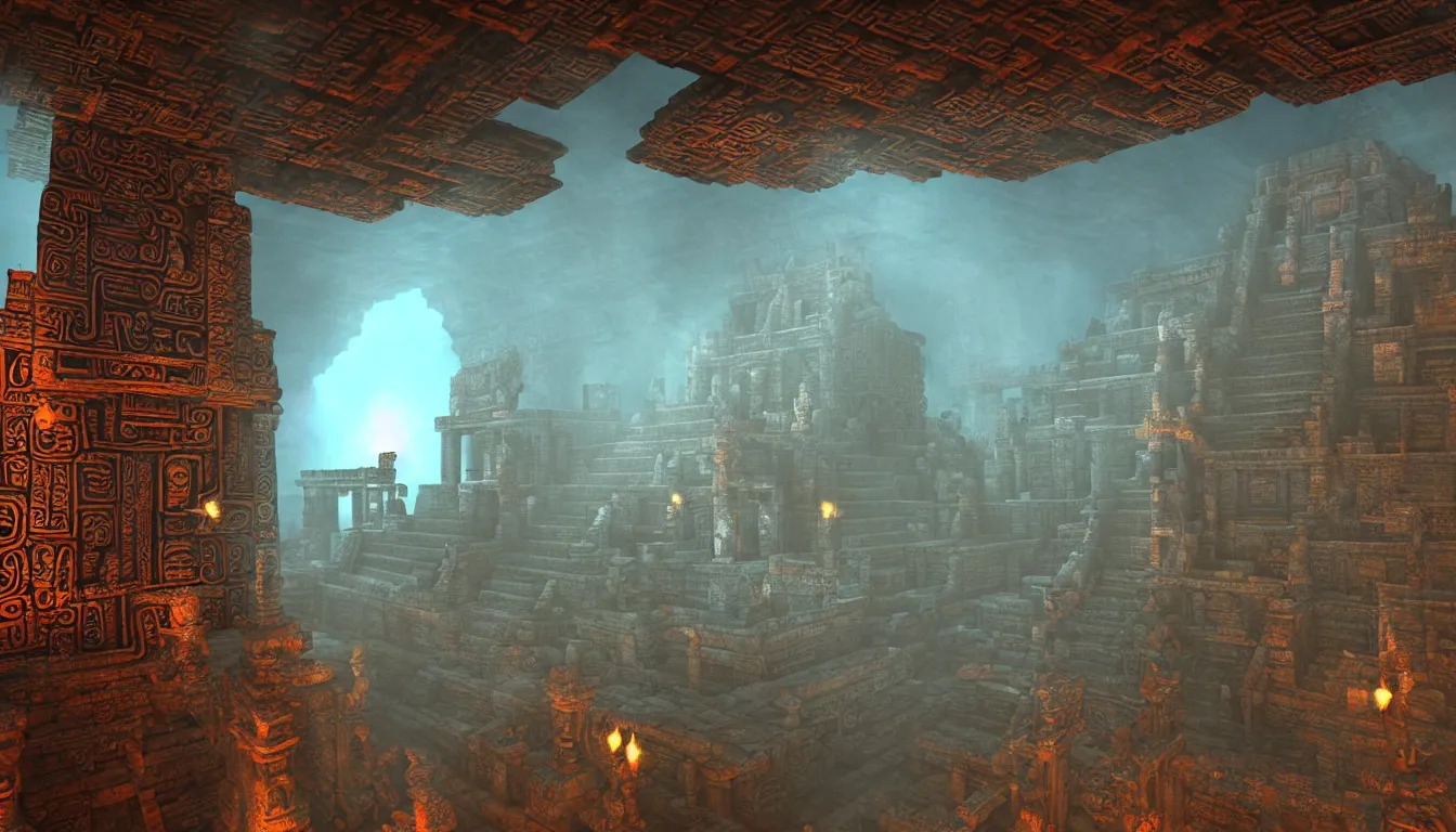 Image similar to ancient mayan temple halls , side-scrolling 2d platformer game level, glittering dust in the air illuminated by the dusk sun through the ceiling cracks, fantasy gigantic religious totem ruins with intricate mayan glyphs, volumetric light , detailed carved ornaments, rich color, upscale , 8k