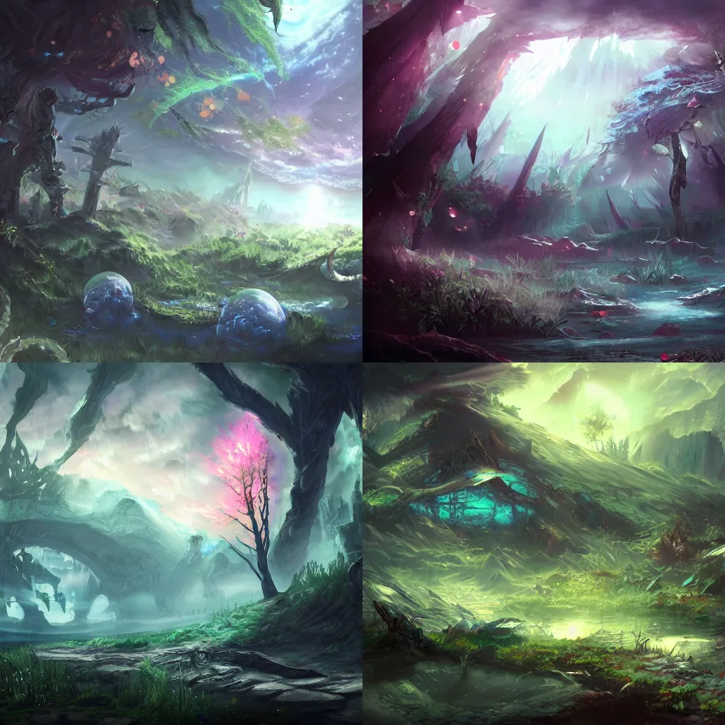 Prompt: abandoned exobiome soul fracture pixiv scenery art atmospheric fantasy world