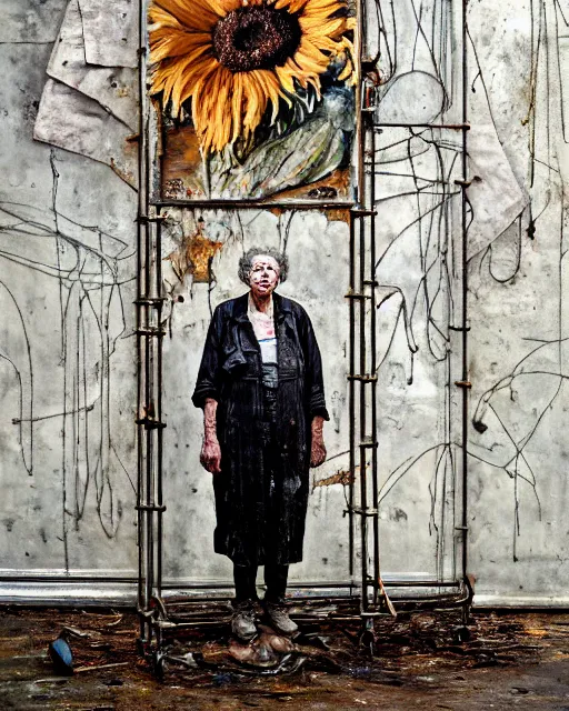 Prompt: a full length portrait of a very ordinary old woman with a blank expression, Anselm Kiefer and Lucian Freud and Jenny Saville, oil painting, rust, Scaffolding, rusted metal and sunflowers, iron cladding, decay, mixed media, textured, anatomically correct, beautiful perfect face, visible brushstrokes, sharp focus, Highly Detailed, Cinematic Lighting, 8k, HD