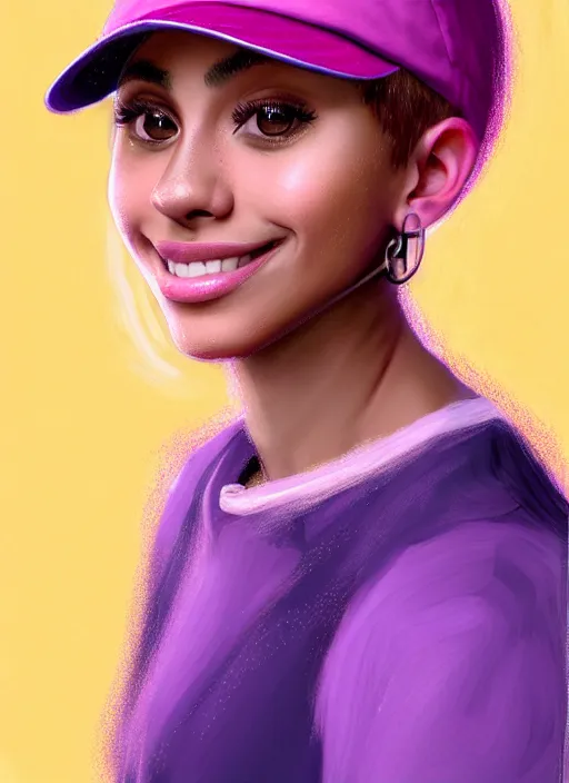 Image similar to portrait of teenage vanessa morgan with bright pink hair, vanessa morgan, curly pixie cut hair, wearing a purple breton cap, breton cap, subtle confident smile, hoop earrings, intricate, elegant, glowing lights, highly detailed, digital painting, artstation, concept art, smooth, sharp focus, illustration, art by wlop, mars ravelo and greg rutkowski