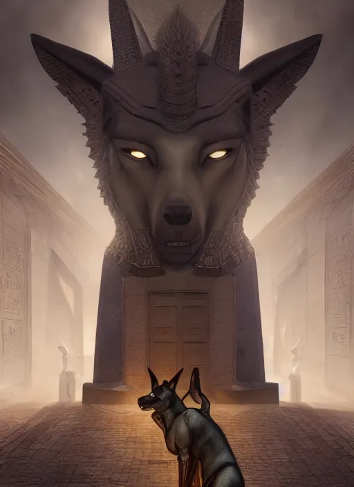 Prompt: anubis guarding the entrance to the mausoleum, concept art, digital illustration, trending on artstation, deviantart, artgerm, epic composition, masterpiece, highly detailed, advanced technique, realistic, ambient lighting, wlop, ross draws