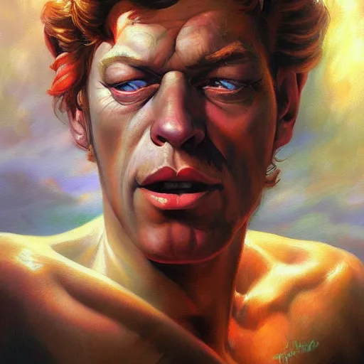Image similar to detailed portrait of fry futurama intricate, hyper detailed, realistic, oil painting, by julie bell, frank frazetta, cinematic lighting