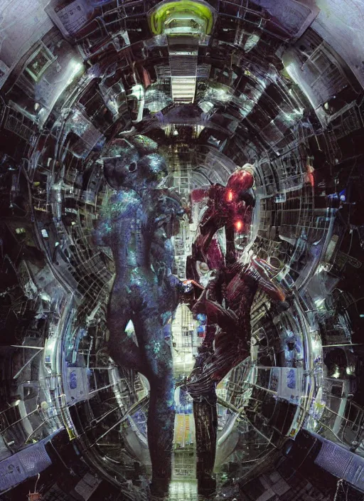 Image similar to astronauts in dark void underwater - complex and hyperdetailed technical suit. reflection and dispersion materials. rays and dispersion of light. volumetric light. f / 3 2. noise film photo. flash photography. ultra realistic, wide angle. poster by wayne barlowe, hajime sorayama aaron horkey, craig mullins