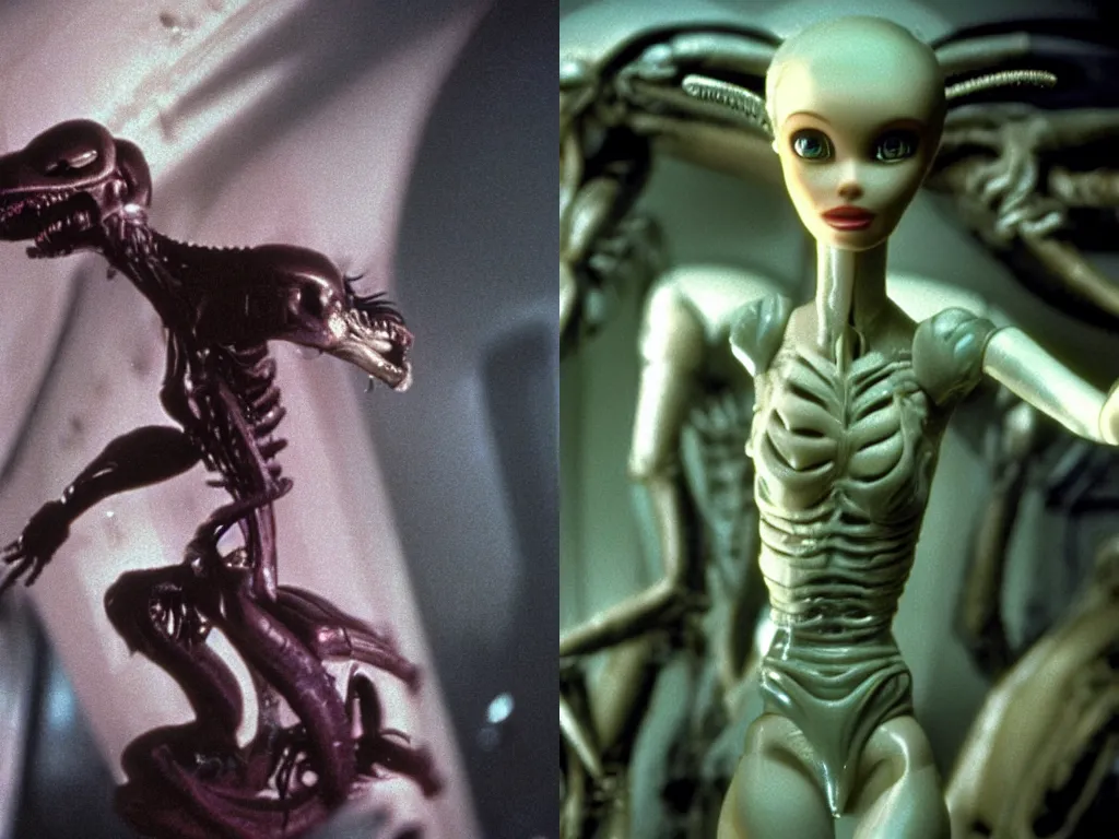 Prompt: Barbie facing the Xenomorph in Aliens (1986), scifi horror, H. R. Giger, film still, cinestill 800t