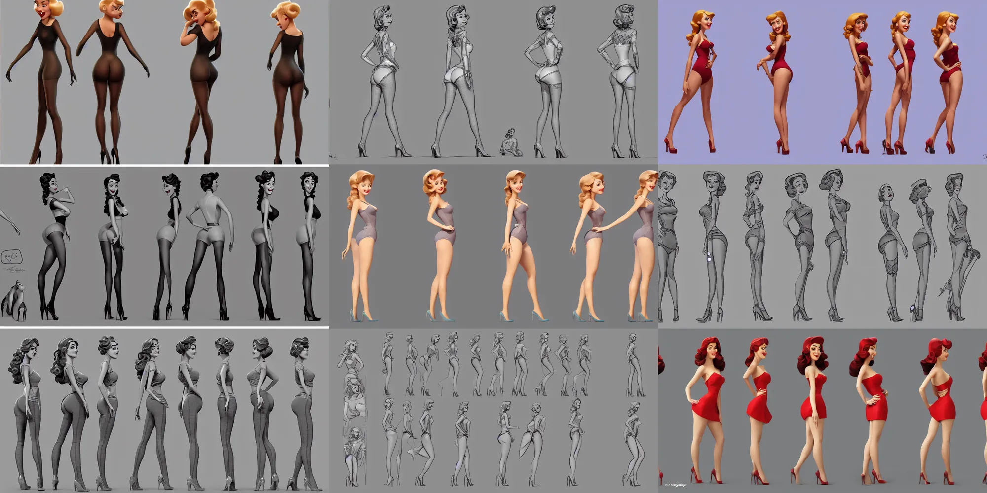 Prompt: a pretty pin up girl, character design by pixar, character model sheet turnaround, front and side views, back view also, cgsociety award, symetrical face, detailed face, 4 k, hd, by steven stahlberg