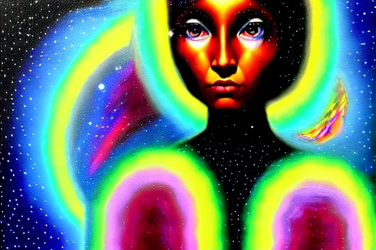 Image similar to patron saint of 🛸🌈👩🏾, futuristic iridescent clothing, wormhole, nebula, black hole, multiverse, neon god of city character portrait, in the style of margaret keane, moebius, tom bagshaw, and waterhouse, cinematic lighting, beautiful, elegant, oil painting,