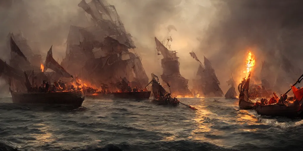 Prompt: Viking battle at sea, by WLOP, fire, epic scenery, dark fantasy, concept art, detailed, realistic, render, unreal engine 4K, trending on Artstation
